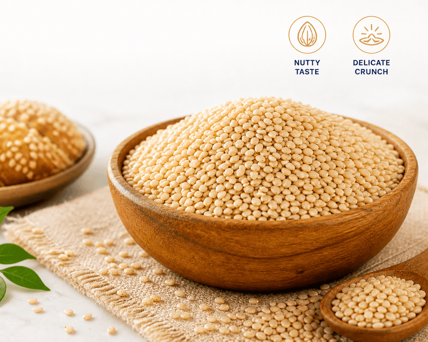 Premium quality sesame seeds for baking in a wooden bowl showcasing their nutty taste and delicate crunch.