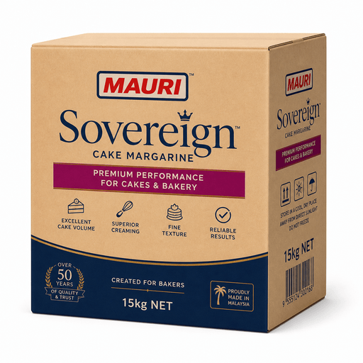 Mauri Sovereign Cake Margarine 15KG box, premium baking margarine for cakes and bakery, designed for excellent creaming and volume.