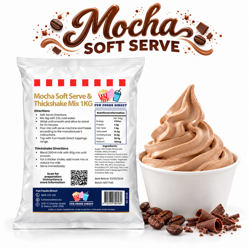 Mocha Soft Serve & Thickshake Mix 1kg pouch with mocha soft serve, coffee beans and chocolate on white