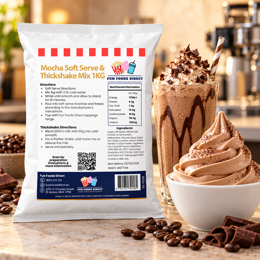 Mocha Soft Serve & Thickshake Mix 1kg pouch beside a mocha thickshake and soft serve dessert