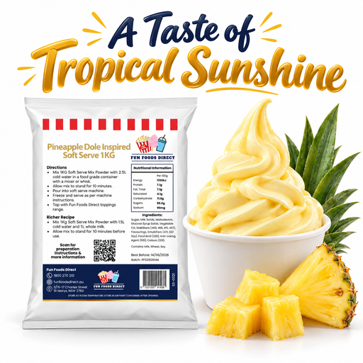 Pineapple Dole Inspired Soft Serve Mix 1kg pouch with pineapple soft serve and fruit on a white background