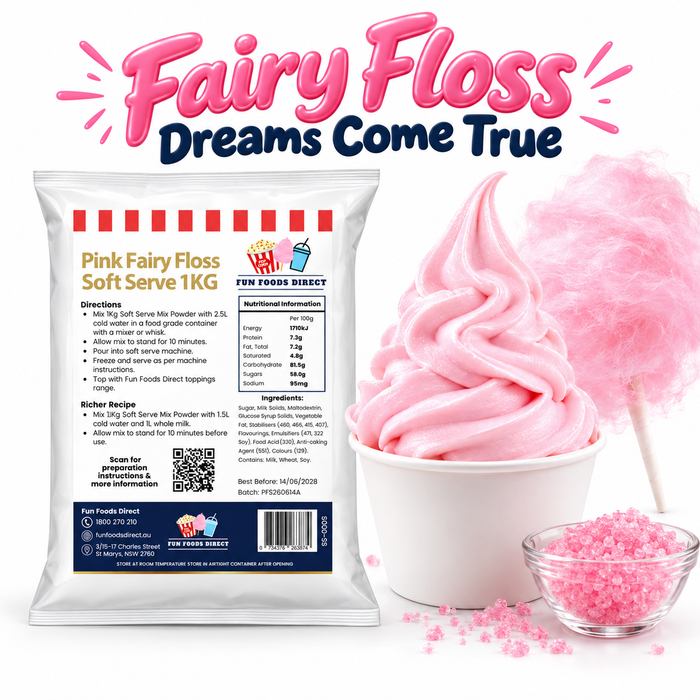 Pink Fairy Floss Soft Serve 1kg bag and soft serve dessert on a white background