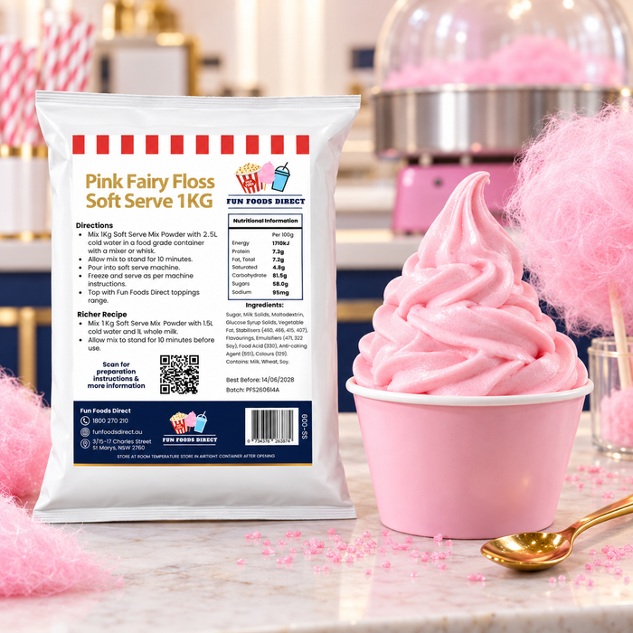 Pink Fairy Floss Soft Serve 1kg bag with soft serve dessert and flavour ingredients in a café setting
