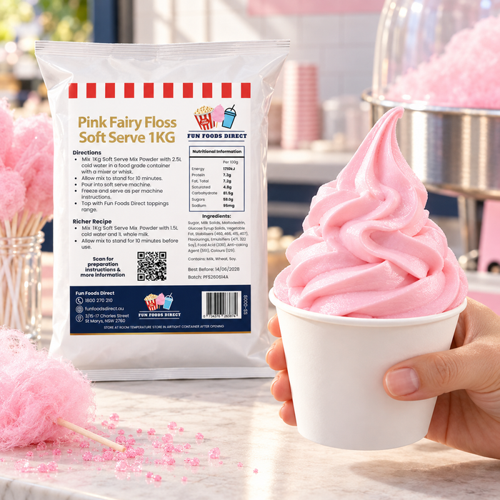 Pink Fairy Floss Soft Serve 1kg bag beside a cup of soft serve being served