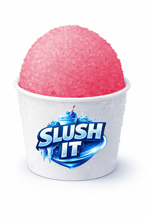 Pink lemonade snow cone syrup served in a cup with ice, creating a refreshing treat ideal for hot days.
