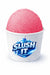 Pink lemonade snow cone syrup served in a cup with ice, creating a refreshing treat ideal for hot days.