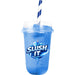 Refreshing Bubblegum slushy mix drink in a clear cup with a striped straw showcasing the Slush It brand.