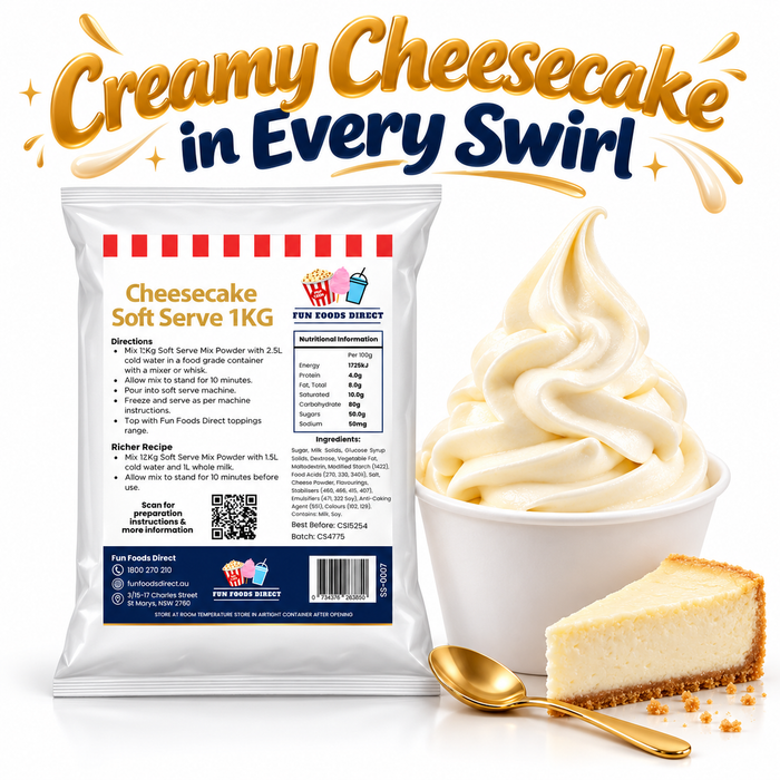 Cheesecake Soft Serve 1kg bag and soft serve dessert on a white background
