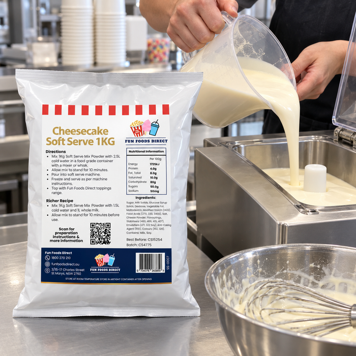 Cheesecake Soft Serve 1kg bag beside mix being poured into a soft serve machine