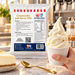 Cheesecake Soft Serve 1kg bag beside a cup of soft serve being served