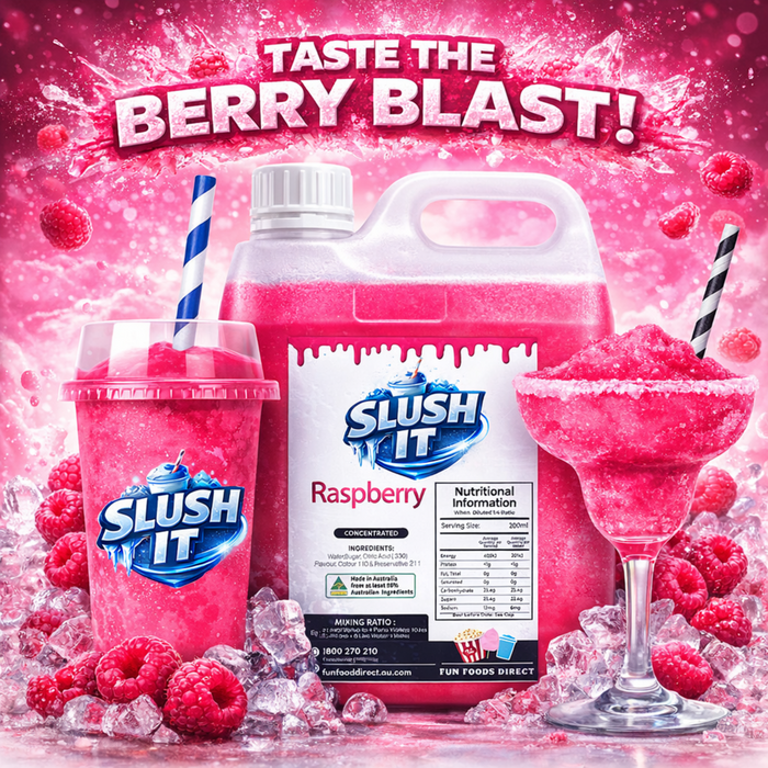 Raspberry slushy mix in slushy cups and bottle, featuring vibrant raspberry flavor and refreshing icy drink.