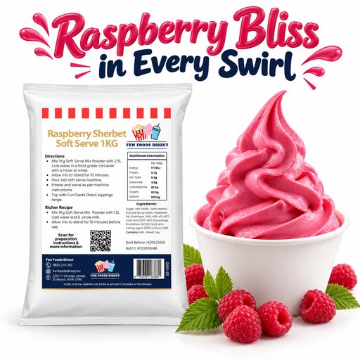 Raspberry Sherbet Soft Serve 1kg bag and soft serve dessert on a white background