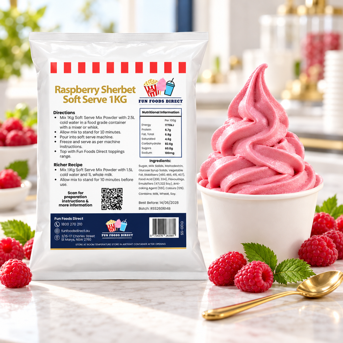 Raspberry Sherbet Soft Serve 1kg bag with soft serve dessert and flavour ingredients in a café setting