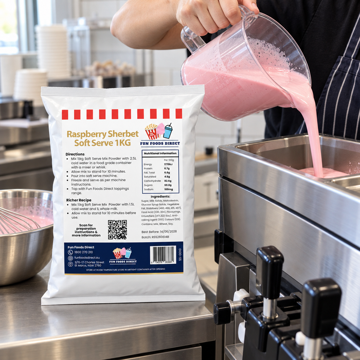 Raspberry Sherbet Soft Serve 1kg bag beside mix being poured into a soft serve machine