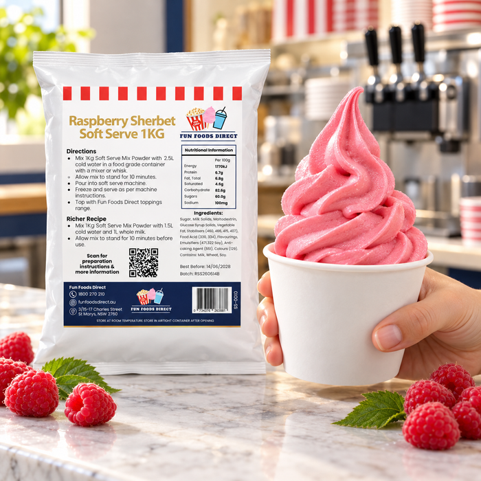 Raspberry Sherbet Soft Serve 1kg bag beside a cup of soft serve being served