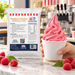 Raspberry Sherbet Soft Serve 1kg bag beside a cup of soft serve being served