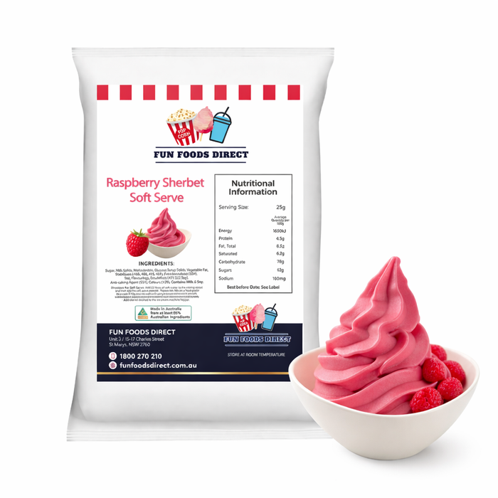 Raspberry Sherbet Soft Serve Mix pack with creamy raspberry soft serve in a bowl, perfect for dessert shops and events.
