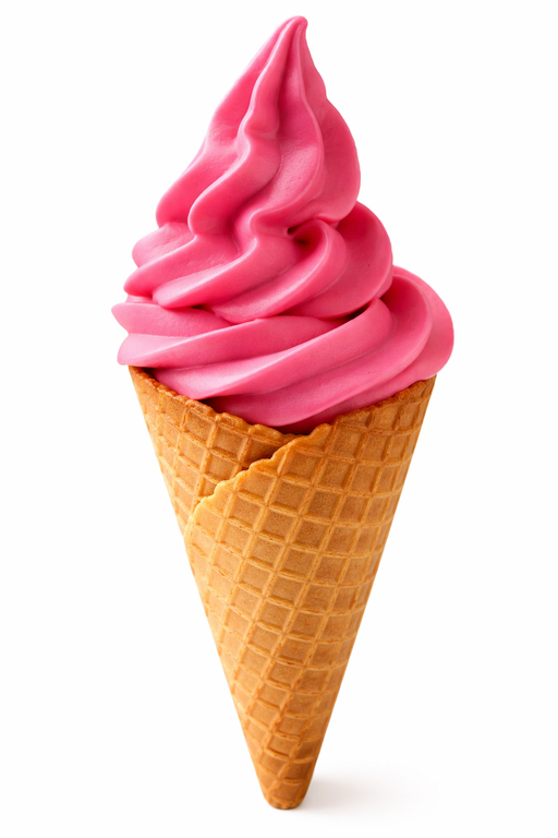 Raspberry Sherbet Soft Serve Mix - Tangy berry soft serve in a waffle cone, vibrant pink creamy swirl.
