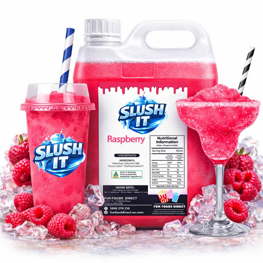 Raspberry slushy mix displayed in vibrant cups with ice, highlighting the premium slushy syrup made in Sydney.