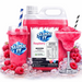 Raspberry slushy mix displayed in vibrant cups with ice, highlighting the premium slushy syrup made in Sydney.