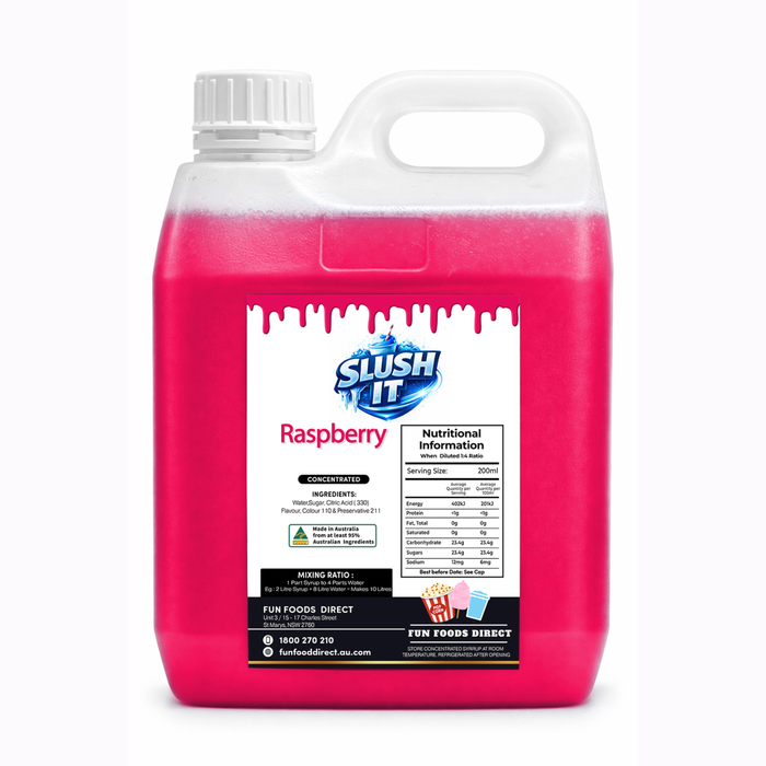 Raspberry slushy mix in a premium syrup bottle, perfect for vibrant slushy drinks, made in Sydney.