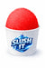 Red apple snow cone syrup served in a cup with the branding 'SLUSH IT', featuring a bright red icy treat.