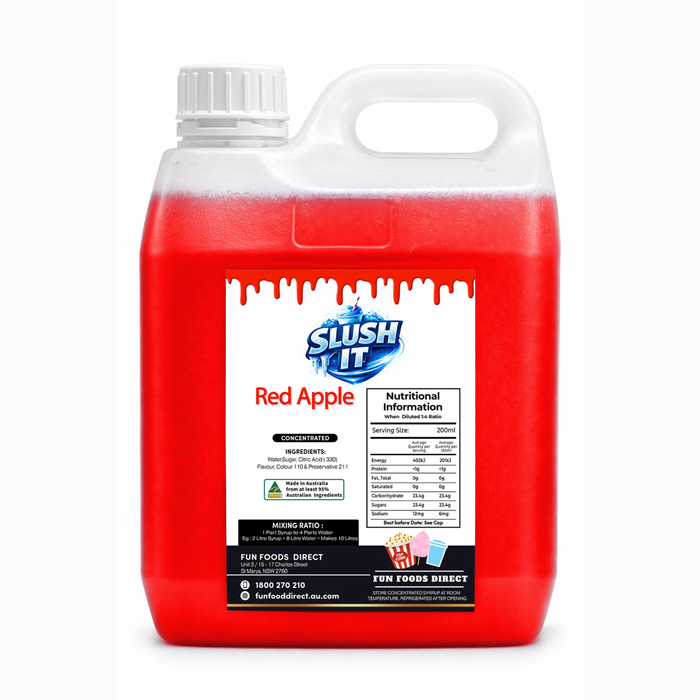 Red Apple Snow Cone Syrup bottle highlighting ingredients and nutritional info for refreshing snow cone flavor.