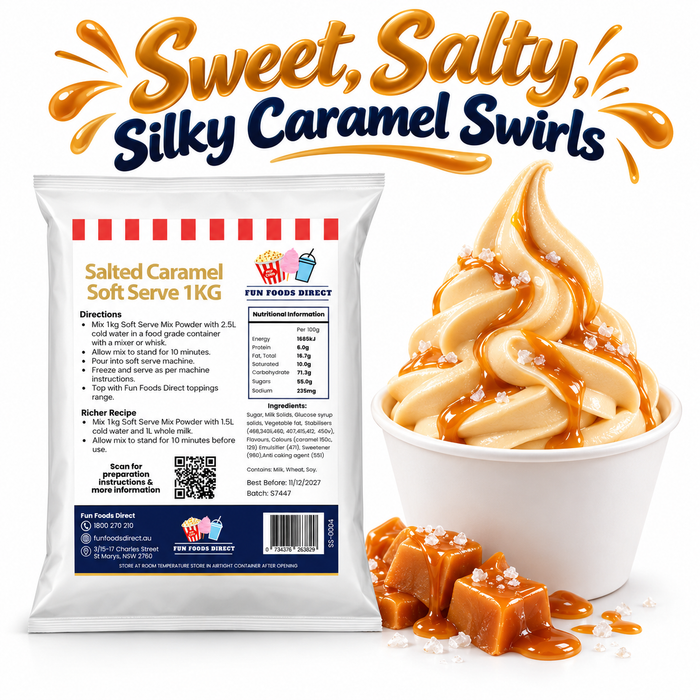 Salted Caramel Soft Serve 1kg bag and soft serve dessert on a white background