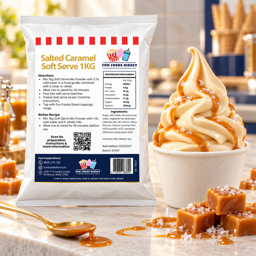 Salted Caramel Soft Serve 1kg bag with soft serve dessert and flavour ingredients in a café setting