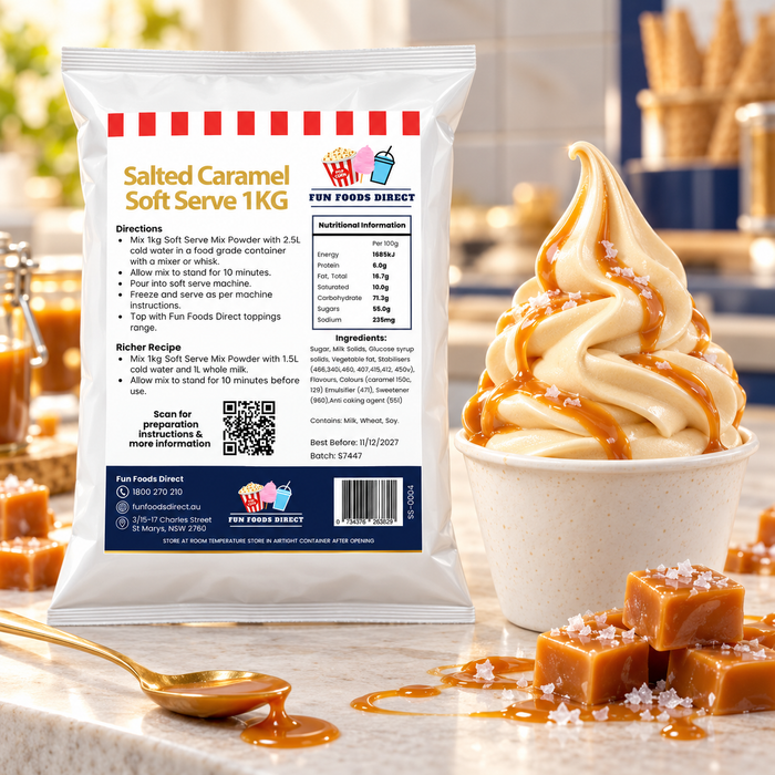 Salted Caramel Soft Serve 1kg bag with soft serve dessert and flavour ingredients in a café setting