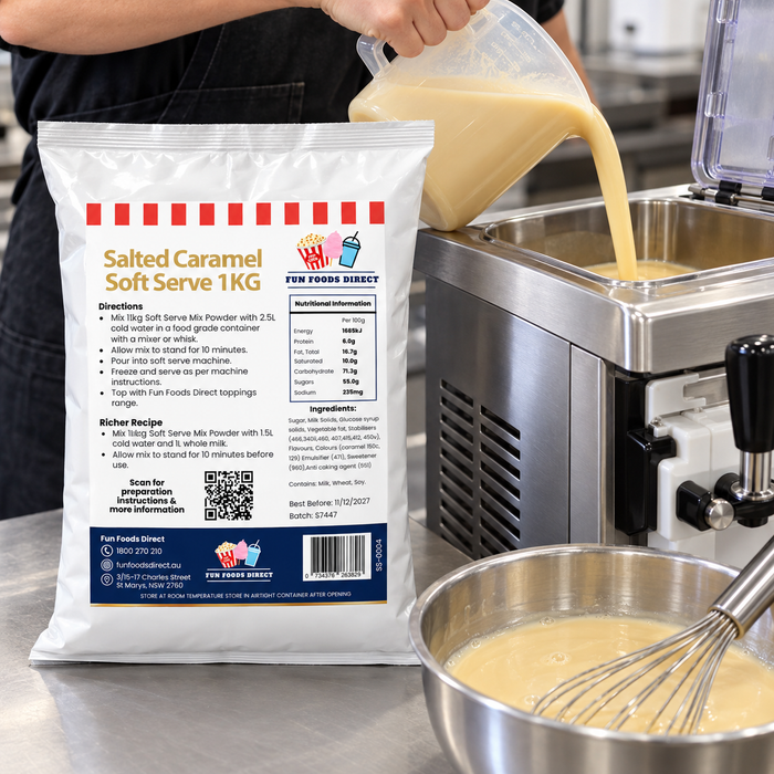 Salted Caramel Soft Serve 1kg bag beside mix being poured into a soft serve machine
