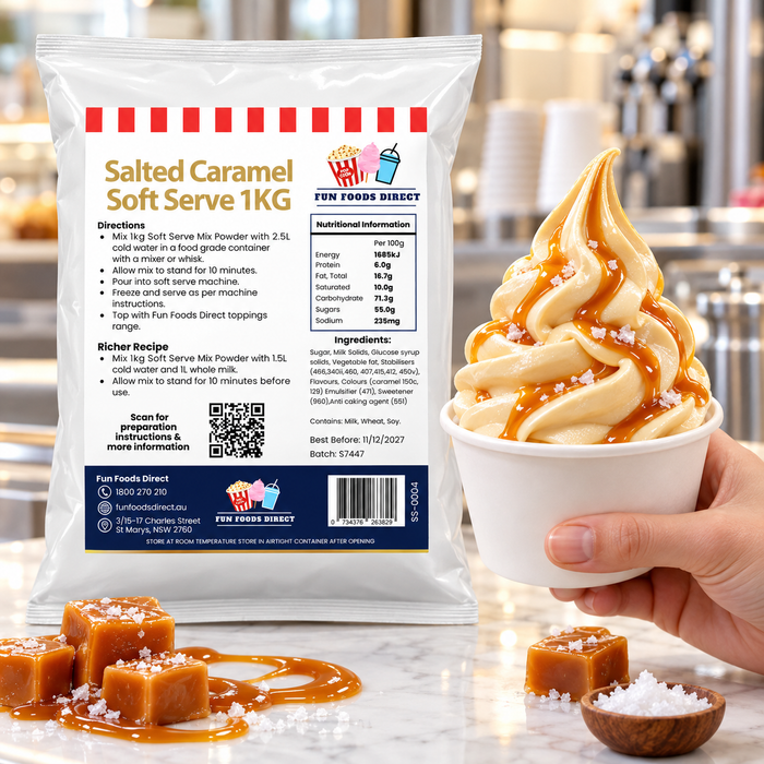 Salted Caramel Soft Serve 1kg bag beside a cup of soft serve being served