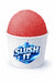 Strawberry sno cone syrup in a refreshing slush served in a white cup labeled 'SLUSH IT'.