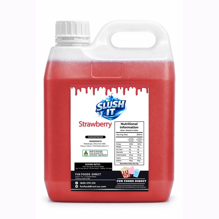 Strawberry Sno Cone Syrup 2L bottle with nutritional information for slushies and snow cones.