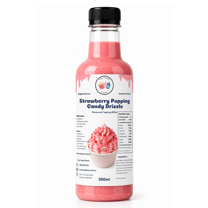 Strawberry Popping Candy Drizzle Premium Milkshake Syrup & Dessert Topping for Thickshakes, Sundaes & Drinks
