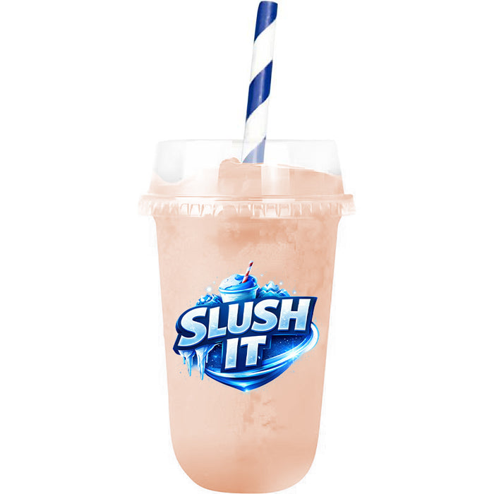 Summer lemonberry slushy syrup in a clear cup with a striped straw, perfect for hot days.
