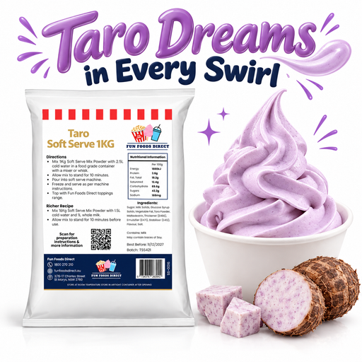 Taro Soft Serve 1kg bag and soft serve dessert on a white background