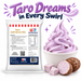 Taro Soft Serve 1kg bag and soft serve dessert on a white background