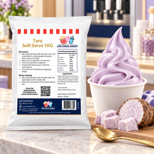 Taro Soft Serve 1kg bag with soft serve dessert and flavour ingredients in a café setting