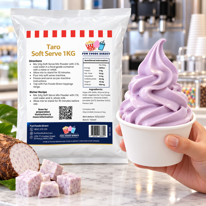 Taro Soft Serve 1kg bag beside a cup of soft serve being served