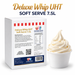 Deluxe Whip UHT Soft Serve 7.5L box beside vanilla soft serve on a white background