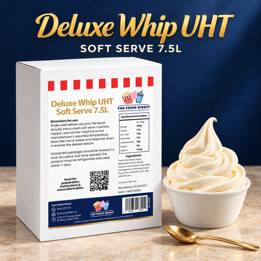 Deluxe Whip UHT Soft Serve 7.5L box with a soft serve bowl against a dark blue background