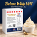 Deluxe Whip UHT Soft Serve 7.5L box with a soft serve bowl against a dark blue background