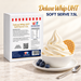Deluxe Whip UHT Soft Serve 7.5L box beside a soft serve bowl with wafer and berries