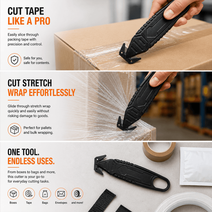 Universal Safety Edge Box & Crafts Cutter in action, cutting tape and stretch wrap, perfect for packaging tasks.