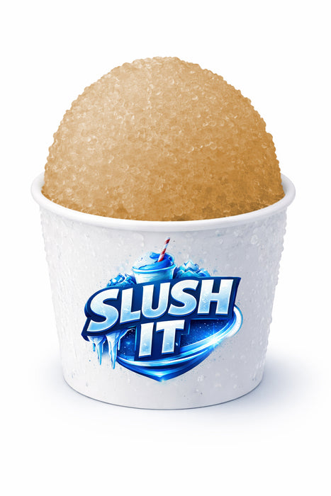 Vanilla cola sno cone syrup in a cup, featuring a large ice ball with a refreshing, sweet flavor.