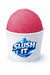 Refreshing snow cone with bright pink flavor in a branded cup for a delicious icy treat.