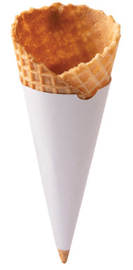 White cone sleeves for ice cream protecting a waffle cone for clean and hygienic serving.