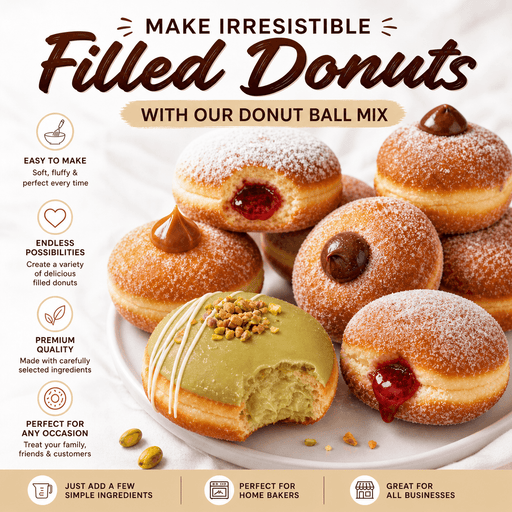 Filled Donuts made with Donut Ball Mix | World’s Best Tasting Mix, showing various delicious filled donut varieties.