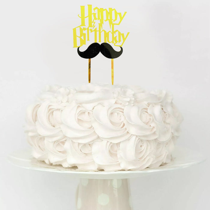 Moustache with Gold Happy Birthday Cake Topper